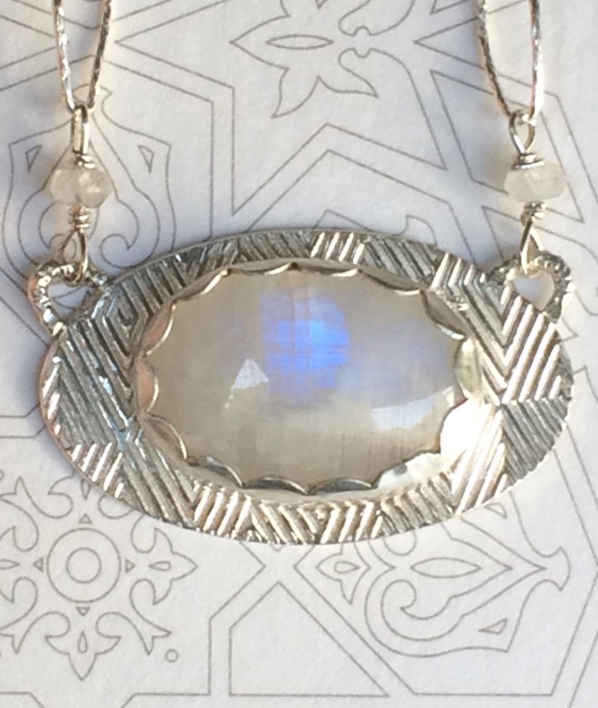 Rainbow Moonstone Set in Fine Silver Necklace