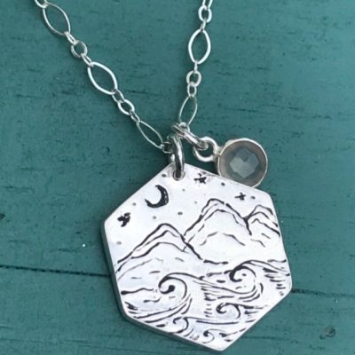 Hand Etched Mountain Crescent Necklace Custom Made Jewelry on the Outer Banks