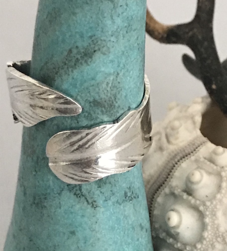 Silver Feather Ring custom made by the ocean