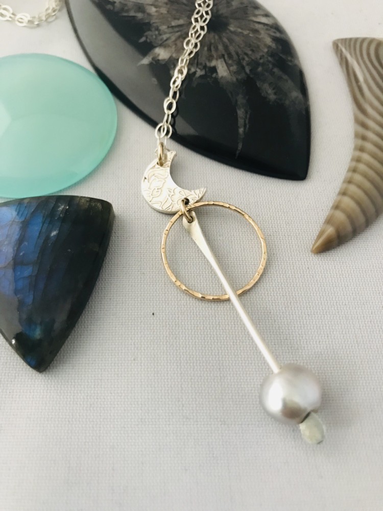 Fine Silver Crescent Moon Necklace with freshwater Pearl custom made from the Ocean by the Ocean