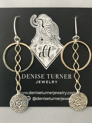Two-Tone Drop Dangle Earrings, Fine Silver Star Coin and 14kt Gold Filled Hammered Circles make up these fun and funky earrings. These are finished with a sterling silver v shaped ear wire.