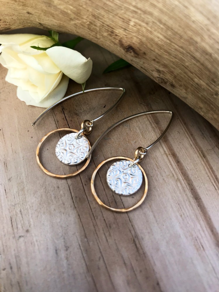 Mixed Metal Earrings, 14kt Gold and Sterling Silver, with Fine Silver starburst discs. These are finished with long V shaped Sterling Earwires.