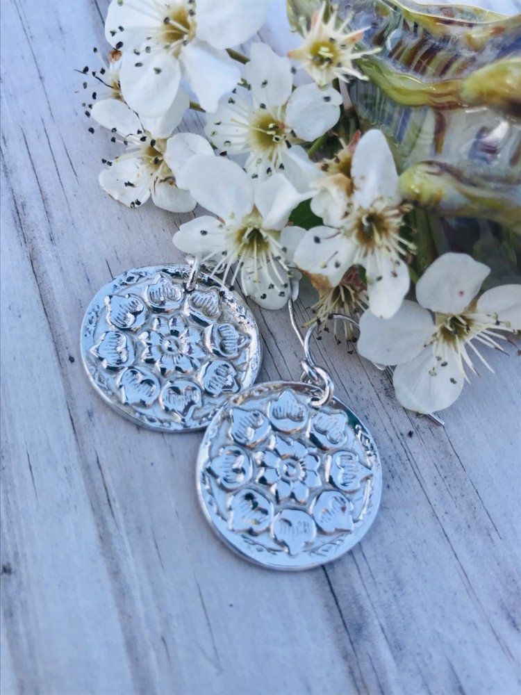 Fine Silver Flower Coin Earring on Sterling Silver French Hoop Ear wires perfect from day to night!