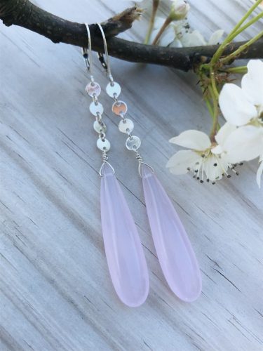Long Rose Quartz Drop Earrings with Sterling Silver Coin chain, dangling from a pair of sterling leverback earwires.