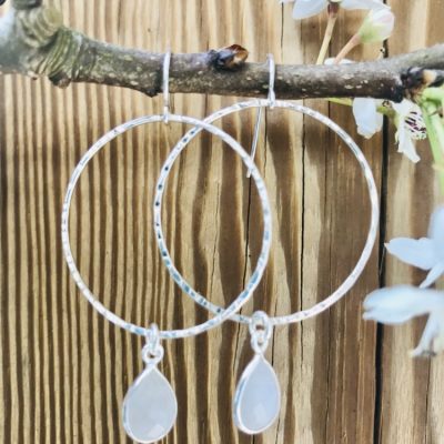 Rainbow Moonstone and Sterling Silver Dangle Hoops, these are a customer favorite, everyday earring. This pair is on sterling French ear wires.
