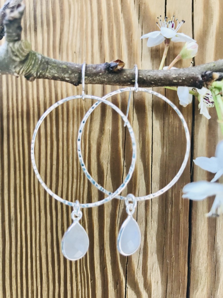 Rainbow Moonstone and Sterling Silver Dangle Hoops, these are a customer favorite, everyday earring. This pair is on sterling French ear wires.