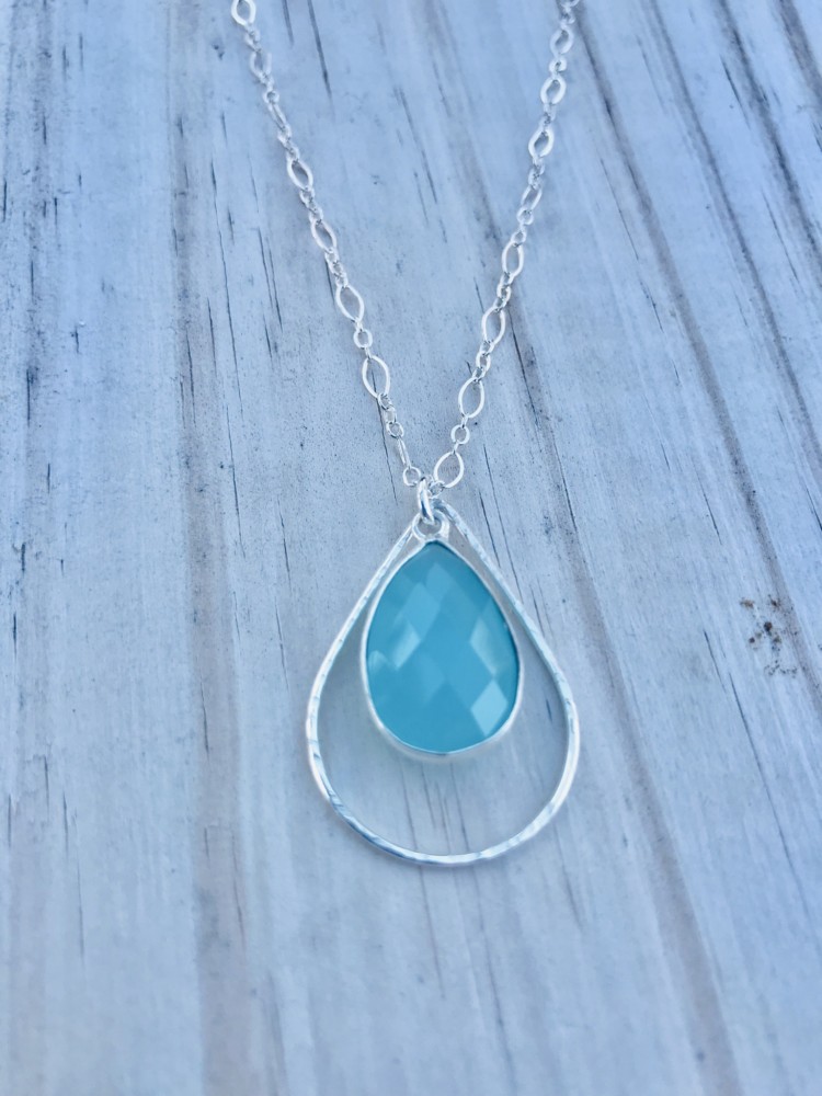 Blue Chalcedony Double Teardrop Necklace In Sterling Silver custom made on the Outer Banks, NC